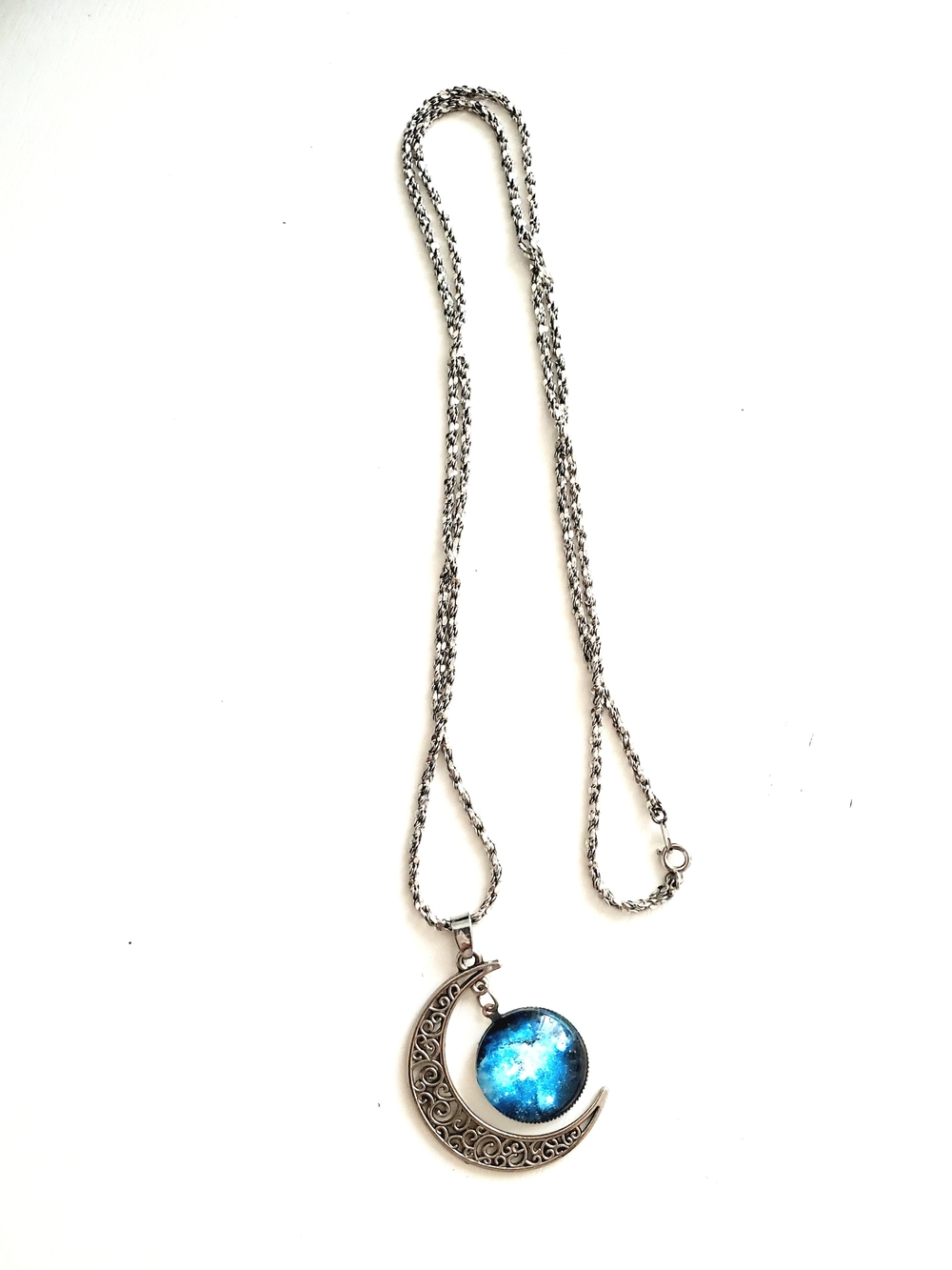 Silver Moon Pendant Necklace with Blue Galaxy Cabochon